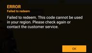 The error message that will be displayed when players use a redeem code that is meant for another region (Image via Free Fire)